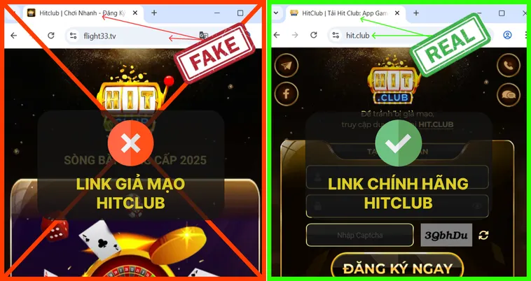 Đây là ví dụ về trang hit.club thật, hỗ trợ người xem nhận biết các dấu hiệu của website hợp pháp so với giả mạo.